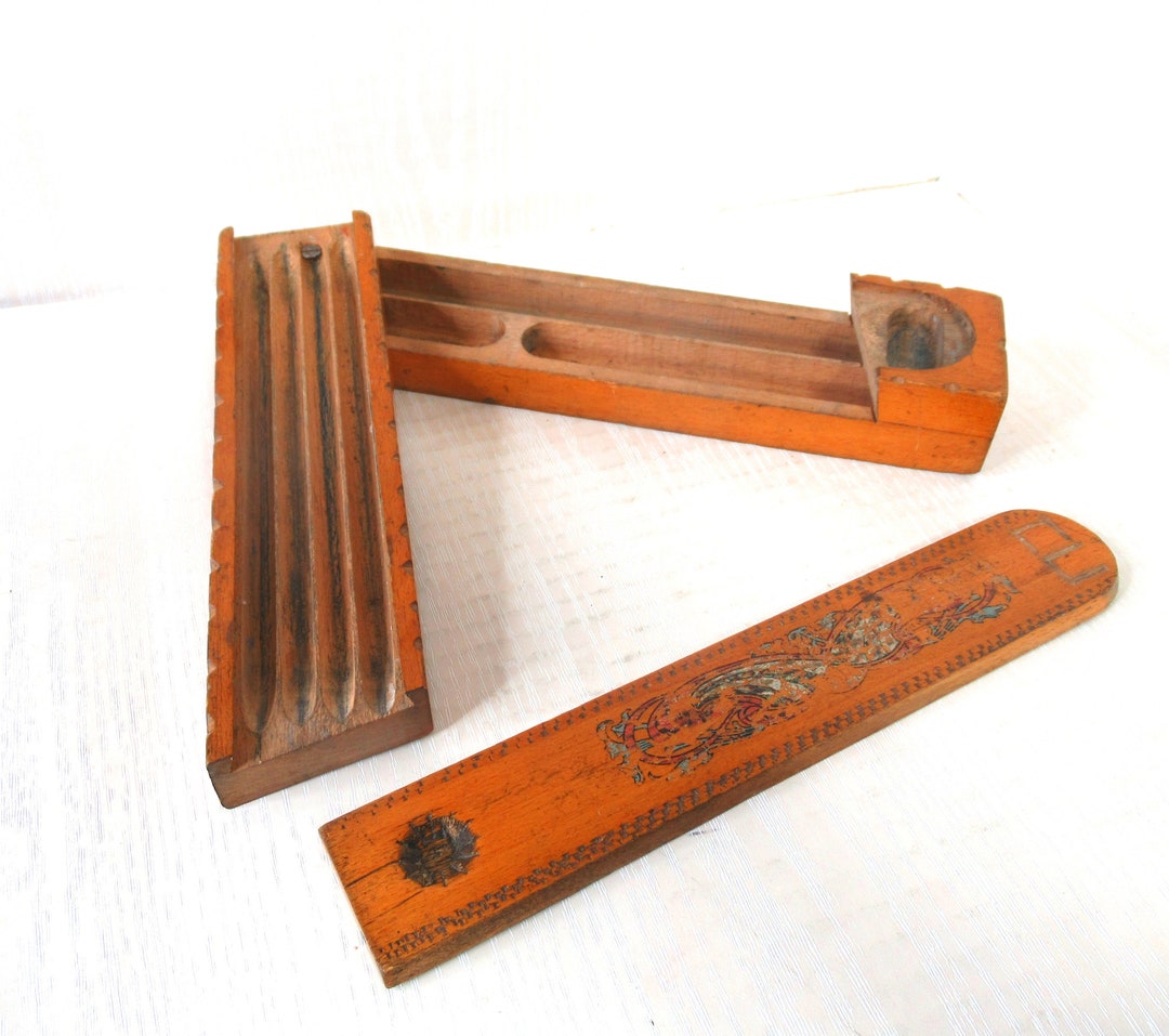 Vintage Wooden Pencil Box Sliding Lid Swivel Rotating School Supplies