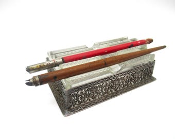 Vintage Glass Metal Filigree Pen Pencil Holder Desk Retro Office