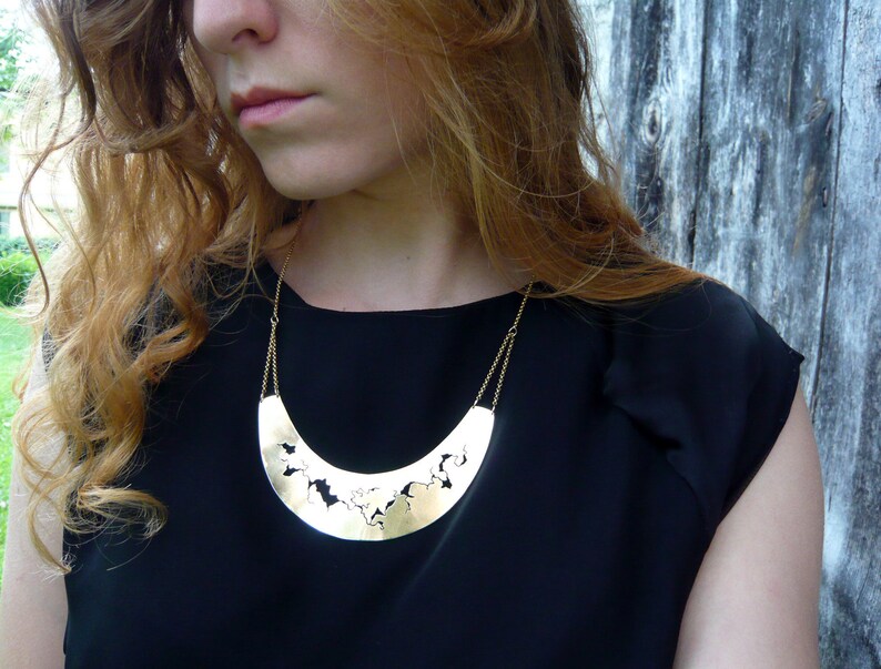 collier ooak necklace moon jewelry maxi necklace brass jewelry Crescent MOON NECKLACE BRASS necklace rigid neck jewelry design gold