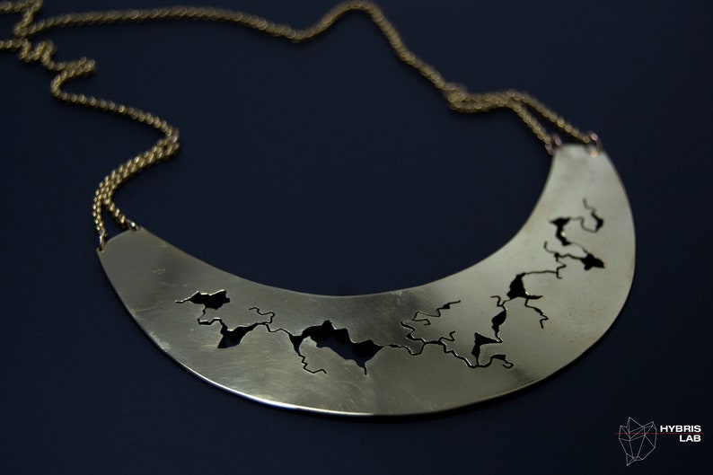 collier ooak necklace moon jewelry maxi necklace brass jewelry Crescent MOON NECKLACE BRASS necklace rigid neck jewelry design gold