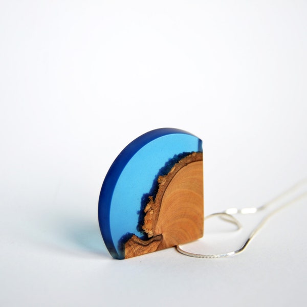 Necklace / Pendant - blue resin and wood