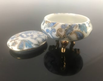 Vintage Petite Round Trinket Box Blue Paisley with Gold Trim and Three Legs