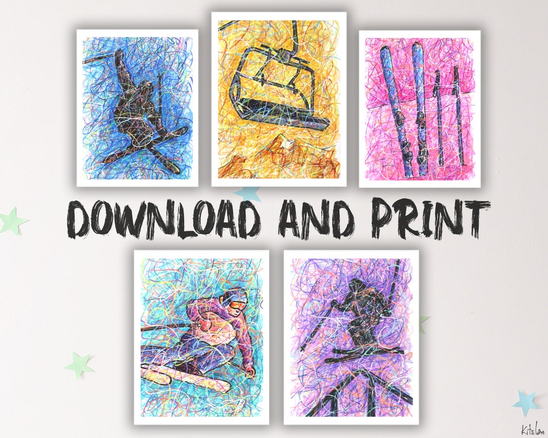 Ski Printable Wall Art Set, Skiing Digital Print Download, Downhill
