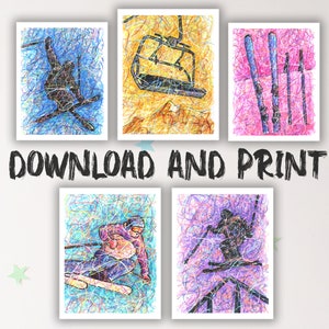 Ski printable wall art set, Skiing digital print download, Downhill skiing, Ski print download, Teen wall art home decor