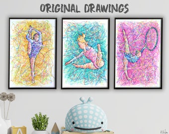 Original Gymnastic drawings wall art for girls bedroom decor, Gymnastics art for teen girls home decor