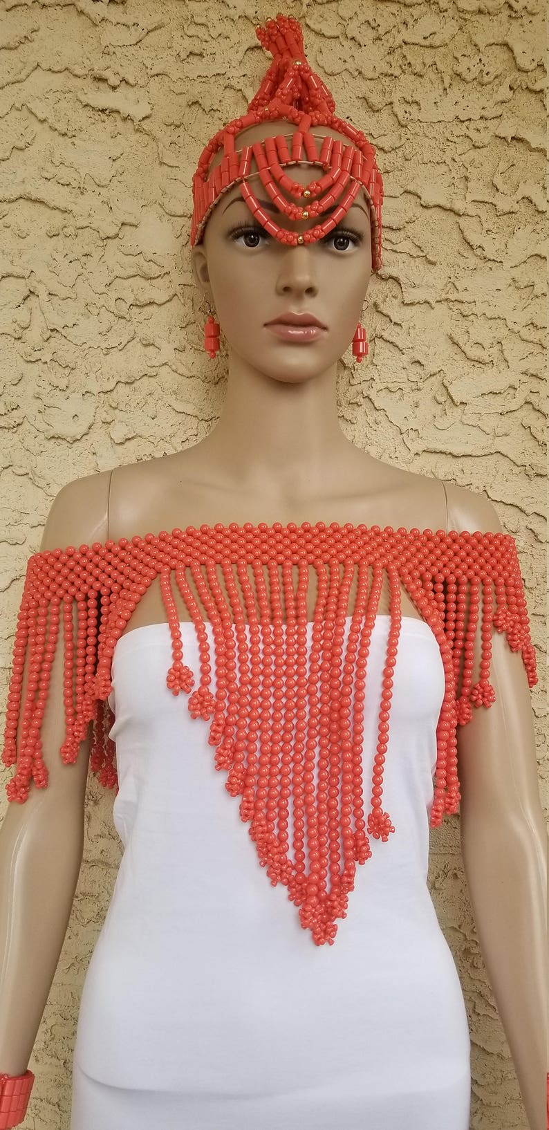 African Women Jewelry African Coral Beads Necklace Set African Wedding Beads Beaded Necklace Set African Necklace Set Bride Coral Beads Set