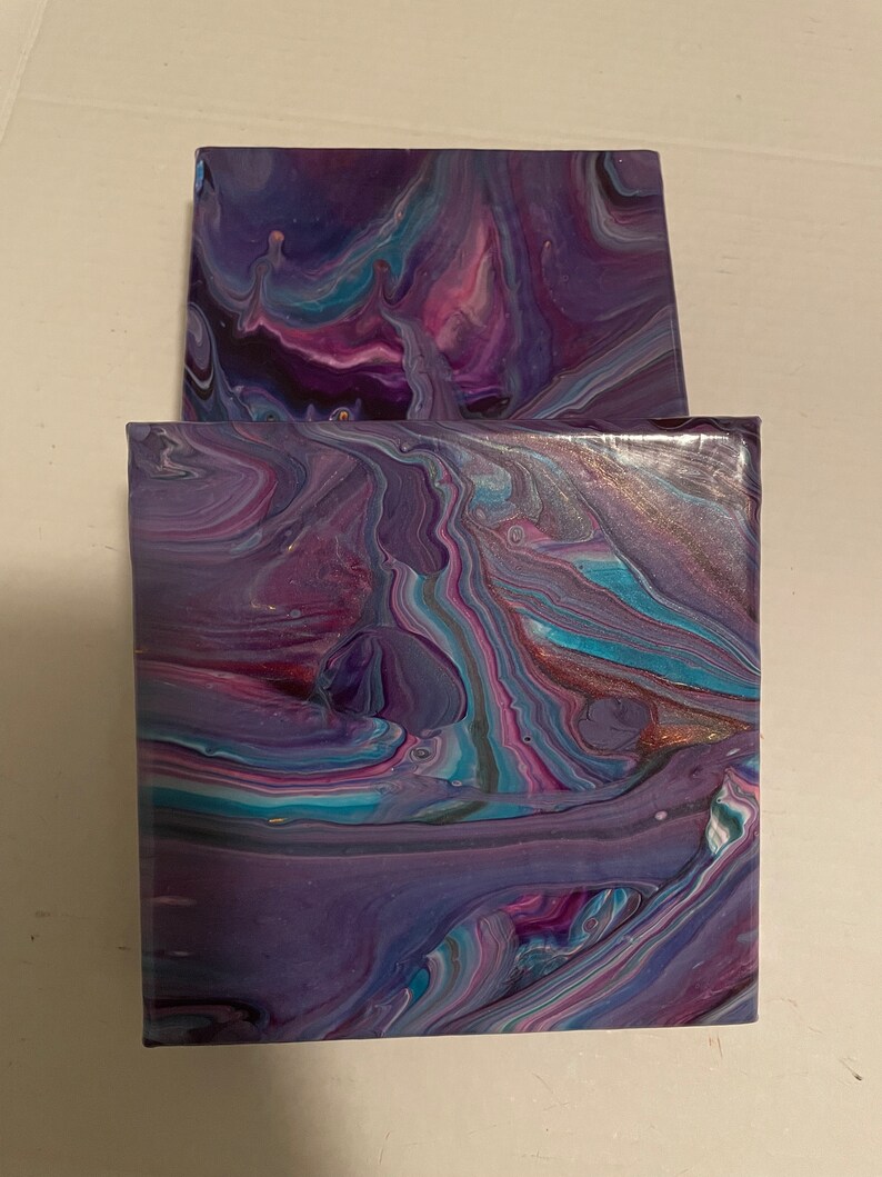 Purple, blue order and metallics fluid pour painting set of 2.