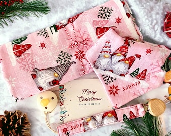 Personalized Christmas Muslin Blanket, Muslin Bandana Bib, Baby Pacifer Clip Holder, Muslin Set for Baby Girl, Christmas Gift Set for Baby