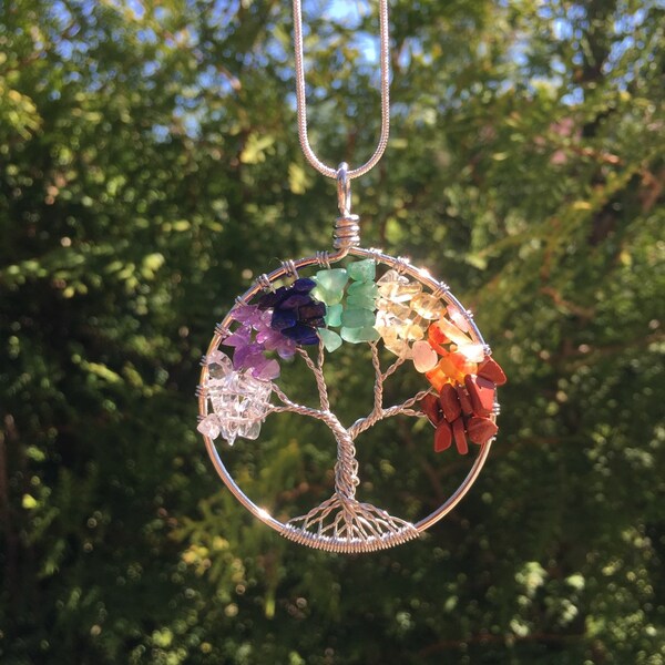 Chakra Crystals Tree of Life Necklace with Sterling Silver chain