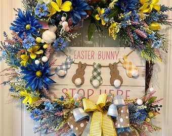 Easter wreath, Bunny wreath, Front door wreath, Grapevine wreath, Entryway wreath, Easter decor, Gift wreath, Home decor, Blue and yellow