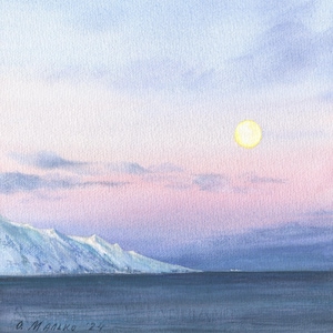 Solo tu e la luna Acquerello originale Paesaggio islandese Immagine rosa e blu Paesaggio nordico Cielo mattutino Vista al chiaro di luna Colori delicati