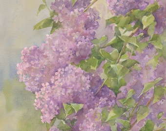 Lilac Branches on grey paper ORIGINAL WATERCOLOR Large floral picture Botanical painting Home office art Spring garden flower Purple green