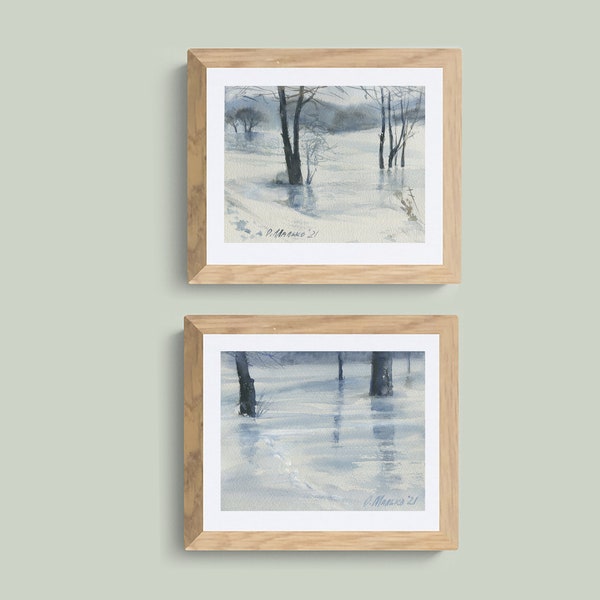 Winterset: Überraschung. Schnee und Wasser. Schneelandschaft mit Bäumen (1) Überraschung. Graublaue Landschaft (2) ORIGINAL Aquarell Kleine Größe Landschaften