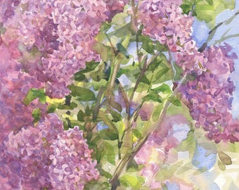 Lilac shrub Blue sky ORIGINAL WATERCOLOR Large floral picture Botanical painting Home office art Spring garden flower