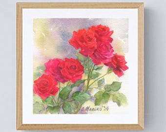 小さな赤いバラ オリジナルのプレーンエア水彩画 花の絵 明るい庭の花 小さな正方形のアートワーク 緑 ピンク