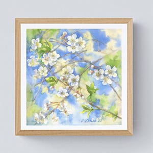 Ciliegio bianco in fiore Cielo azzurro Acquerello originale Immagine floreale Decorazione murale quadrata Albero in fiore Verde primaverile Opera d'arte luminosa