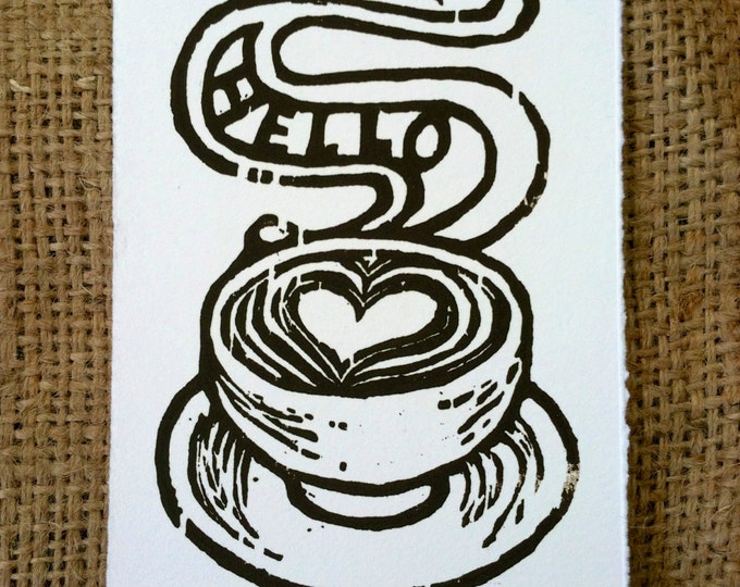 Coffee Mug Latte Art Handmade Woodcut Print hello - Etsy