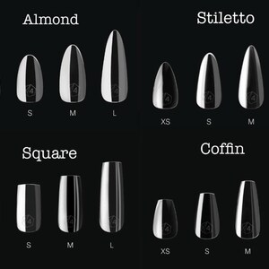 May include: Four different nail shapes, almond, stiletto, square, and coffin, are shown in four sizes: XS, S, M, and L. Each shape is shown in a clear, glossy finish.