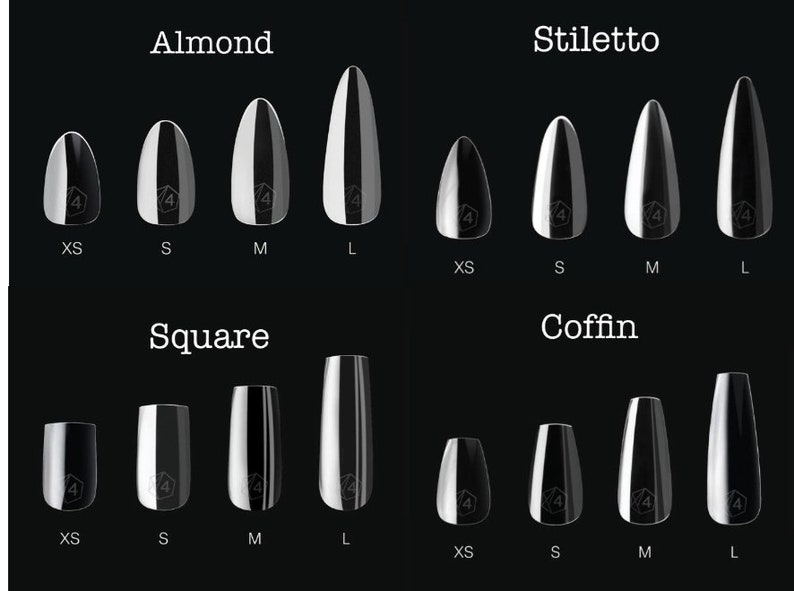 May include: Four different nail shapes, almond, stiletto, square, and coffin, are shown in four sizes: XS, S, M, and L. Each shape is shown in a clear, glossy finish.