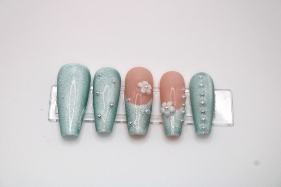 Pearl Velvet Teal French Tip Press on Nails | APRES GEL-X | Teal Nails | Luxury Nails | Pearl Nails | Velvet Cat Eye