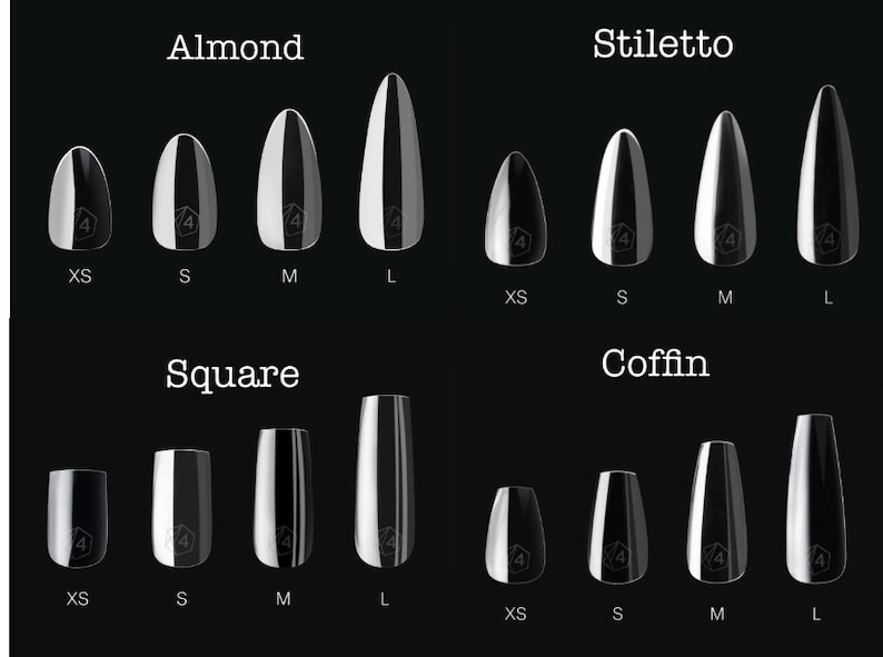 Op de afbeelding: Vier verschillende nagelvormen, amandel, stiletto, vierkant en kist, worden getoond in vier maten: XS, S, M en L. Elke vorm wordt getoond in een heldere, glanzende afwerking.