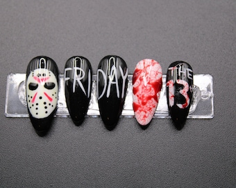 Friday the 13th Inspired Press on Nails | Luxury Nails | Halloween Nails | Jason Voorhees Nails | Horror Movie Nails