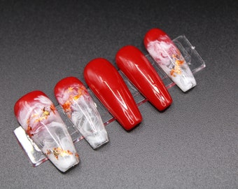 Red Marble Press on Nails | APRES GEL-X | Trendy Nails | Red Nails | Luxury Nails | Marble Nails