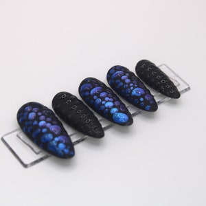 May include: Five black and blue false nails with a textured, dotted design. The nails are arranged on a clear plastic display.
