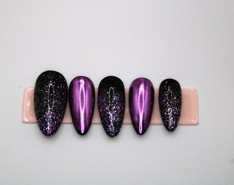 Purple Chrome & Glitter Press on Nails | APRES GEL-X | Goth Nails | Luxury Nails | Press on Nails