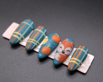 Fall Fox & Pumpkin Plaid Press on Nails | APRES GEL-X | Plaid Nails | Budget Nails | Fox Nails | Pumpkin Nails