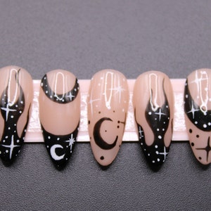 Gothic Black Flame Press on Nails | APRES GEL-X | Goth Nails | Moon and Star Nails | Luxury Nails | Press on Nails