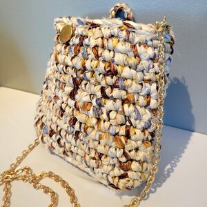 Crocheted Recycled Silk Nylon Crossbody Bag: Gold Chain Strap,  Gold Colored Button Closure