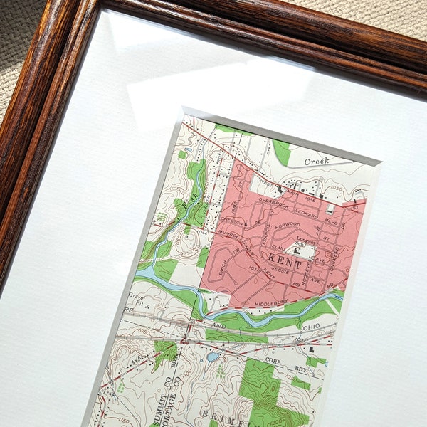 KENT/BRIMFIELD, OH: Vintage Map showing the topography of Kent and surrounding areas {Frame Included}