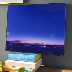 以下が含まれることがあります： 夜空と彗星の画像が表示された大きな長方形のスクリーン。スクリーンの下には3冊の本が積み重ねられています。一番上の本は青色で、「The Happiness Project」というタイトルです。他の本はピンク色とマルチカラーです。