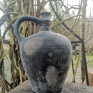 Black Terracotta Vintage earthenware clay handmade pottery jug bottle water wine c1930s Hungarian, Pot, Flask, wine pitcher Vase Decor image 1