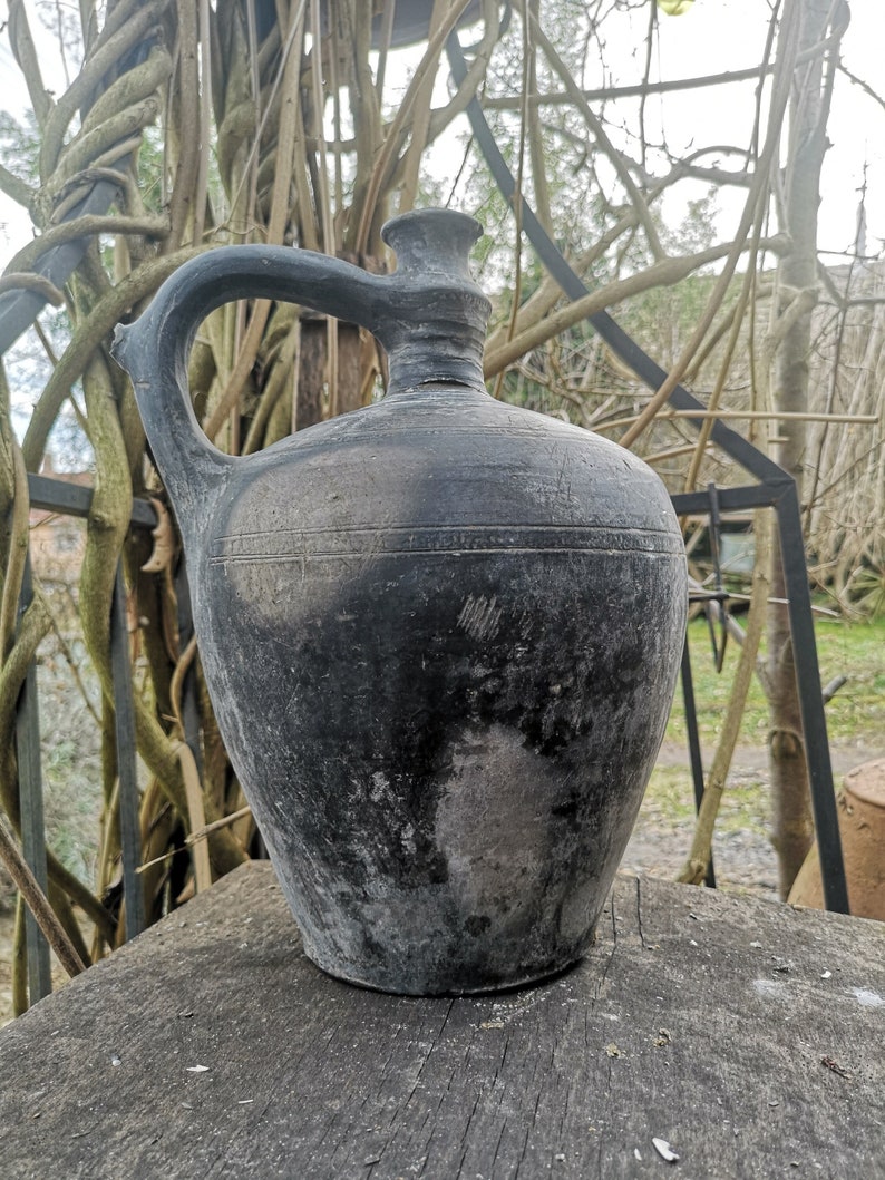 Black Terracotta Vintage earthenware clay handmade pottery jug bottle water wine c1930s Hungarian, Pot, Flask, wine pitcher Vase Decor image 1