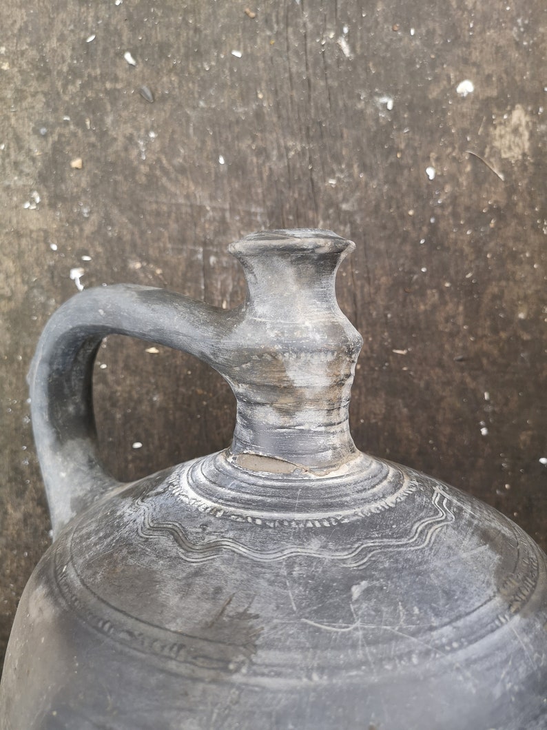 Black Terracotta Vintage earthenware clay handmade pottery jug bottle water wine c1930s Hungarian, Pot, Flask, wine pitcher Vase Decor image 3