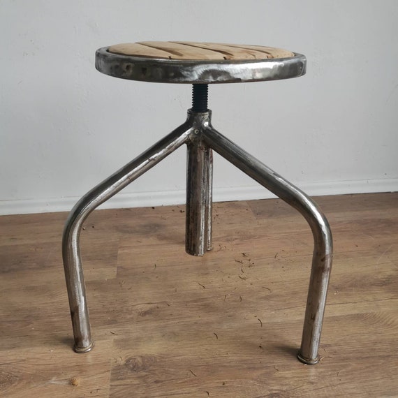 HEAVY STEEL retro work seat engineering stool factory chair vintage bench seat machinists swivel adjustable stool 1950s European refurbished