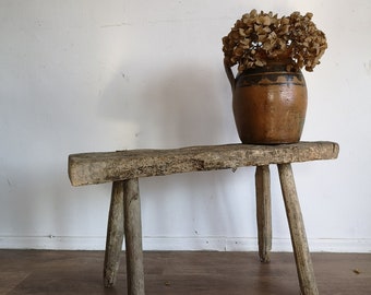 RES Vintage Rustic Hand-Made Milking Stool or Primitive Bedside Occasional Table.  hand crafted in the early 1900, shabby gnarly patina