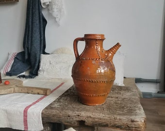 Large Terracotta Vintage clay handmade folk pottery jug water wine  circa 1920s Hungarian, Pot, Flask, wine pitcher Vase Decor unique gift