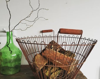 Delightful vintage big old Apple harvesting metal basket. Log storage, carrier 1930s handmade rustic rare wood store