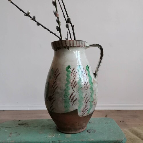Painted Water pitcher antique terracotta jug or vase c1920 Hungarian folk vessel. Hand made rustic decor clay pot very unique piece shops