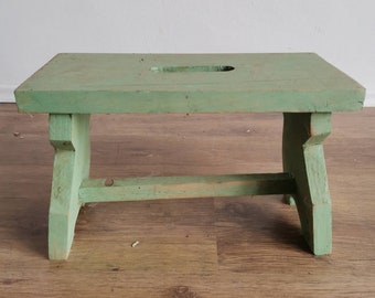 Scratch built Antique Wooden vintage green Milking Stool or Small Table, Rustic Farmhouse Seat step cute pot stand c1940s