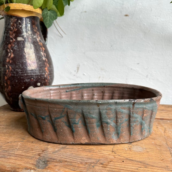 Hand Made Frilled Edged Characterful Terracotta Pudding Cake Mould Baking  Vintage or Farmhouse Kitchen Rustic Glazed fruit bowl clay