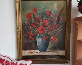 Oil PAINTING a delightful piece.  Showing a vivid arrangement of red flowers on canvas still life C1920s signed Hungarian