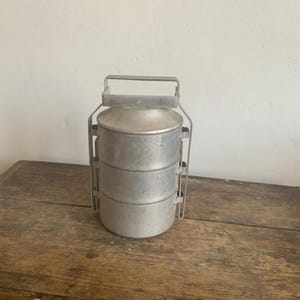Tiffin, tin, box, pan, Pots containers food carry Enamel aluminum 3 pots bowls picnic travel, Indian Style, Hungarian Made