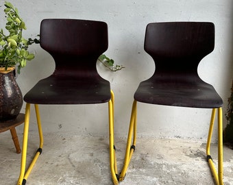 Vintage Charm for Young Minds Set of 2 Children's Mid-century German Chairs by Elmar Flötotto in Pagwood, Yellow Steel Frames Timeless Style