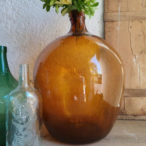 Large Vintage Amber Glass Demijohn Bottle 52cm Rustic Wine Carboy Vase Farmhouse Decor Statement Piece Hand Blown Original early century