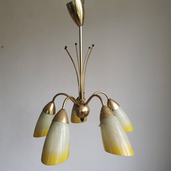 Large Eyecatching CHANDELIER Art Deco Pendant 5 Arm Light Fitting Mid Century, Bold Elegant and Beautiful Centerpiece, Glass Shades Lighting