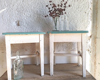 Rustic Vintage set of 2 Wooden Stools Side Tables Farmhouse vintage Storage Seat Hinged Lid Distressed White Green chippy Paint Pair
